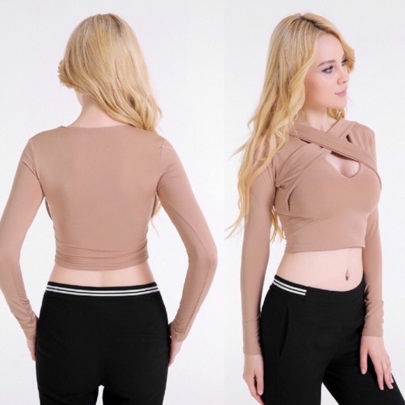 Cross Front Cropped Stretch Knit Long Sleeve Top - Picture 7 of 7
